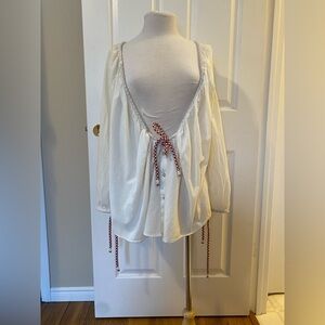 H&M STUDIO S/S 2016 Ivory Boho Button Blouse Red Tie Bow Women's Size 8